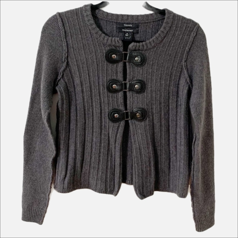 Vintage Tahari Merino Wool Blend Sweater Med Gray Black Leather Snap Closure Y2K
